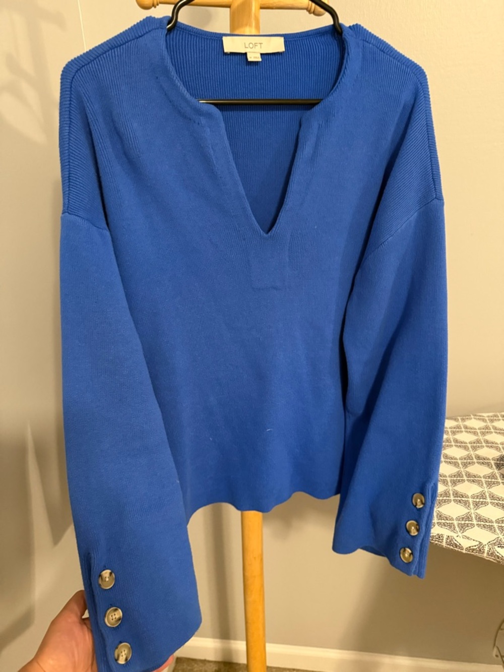 LOFT Blue Split-Neck Sweater with Button Cuffs